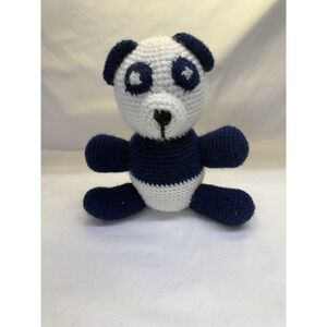 Vintage Handmade Crocheted Panda Bear Toy Collectible Blue & White 8.5" Tall